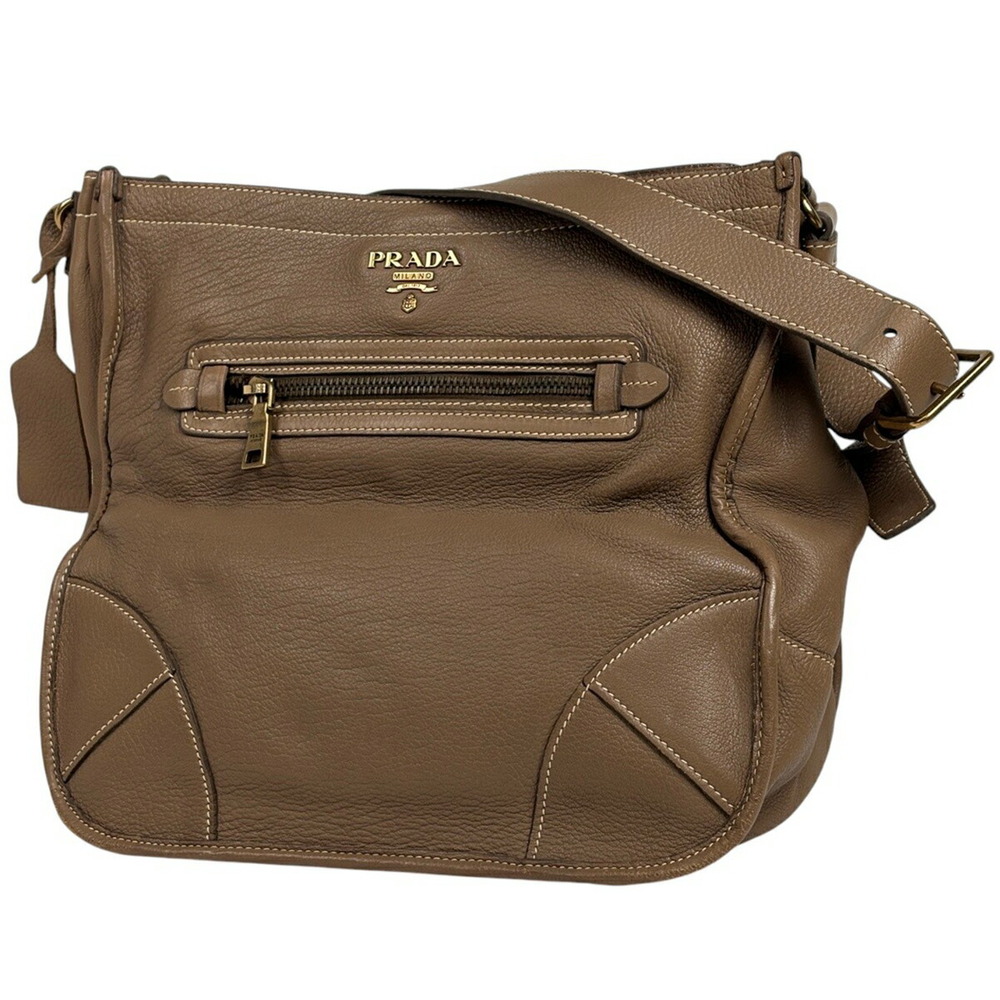 Prada Logo Plate Shoulder Bag Leather Beige